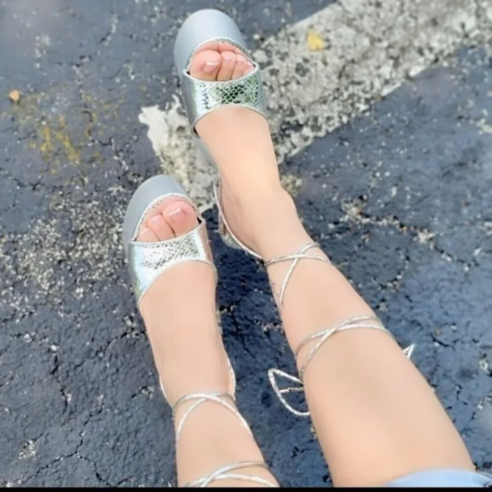 Women Ankle Strap High Chunky Heel Platform Sandals Silver Color